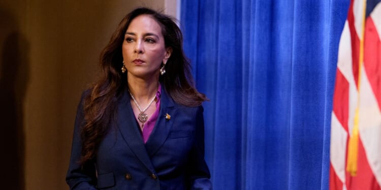 Assistant Attorney General for Civil Rights Harmeet Dhillon arrives for a news conference at the Justice Department on Sept. 29, 2025, in Washington, D.C.