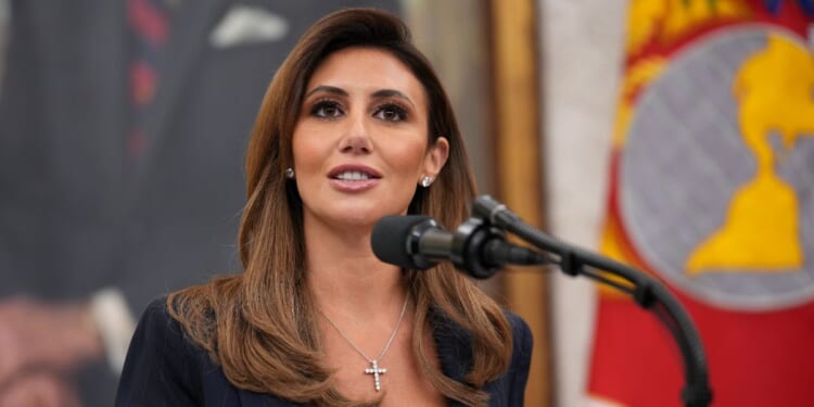 White House Presidential Counselor Alina Habba delivers remarks before being sworn in as the interim U.S. Attorney for New Jersey in the Oval Office at the White House on March 28, 2025, in Washington, D.C.
