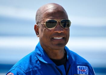 NASA astronaut and Artemis II pilot Victor Glover looks on during a welcome ceremony ahead of the Artemis II April 1 launch at Kennedy Space Center in Florida on March 27, 2026.