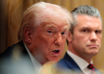 Close-up of President Donald Trump and an intense-looking Pete Hegseth.