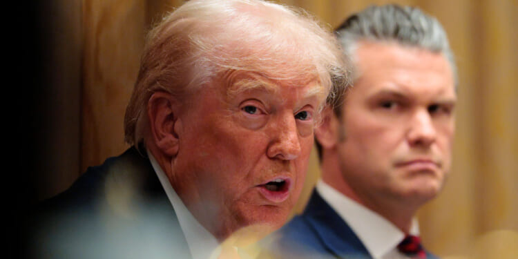Close-up of President Donald Trump and an intense-looking Pete Hegseth.