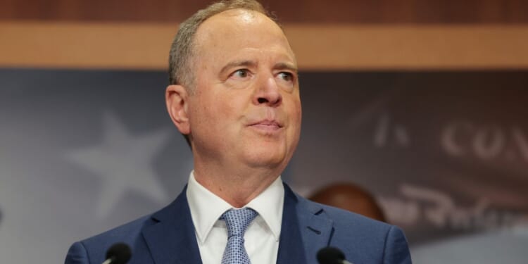 Sen. Adam Schiff of California speaks alongside his fellow Senate Democrats at a news conference Monday in Washington, D.C.
