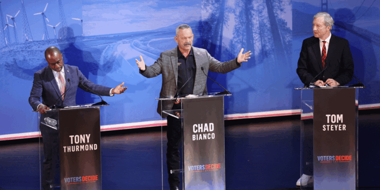 California gubernatorial candidates face off on stage in Claremont California.
