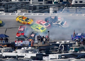 Tyler Reddick, driver of the #45 Rockstar Energy Drink Toyota, Joey Logano, driver of the #22 Shell-Pennzoil Ford, Josh Berry, driver of the #21 Motorcraft/Quick Lane Ford, Austin Cindric, driver of the #2 Menards /FrogTape Ford, Connor Zilisch, driver of the #88 Red Bull Chevrolet, and Bubba Wallace, driver of the #23 Xfinity Toyota, spin after an on-track incident during the NASCAR Cup Series Jack Link's 500 at Talladega Superspeedway Sunday in Talladega, Alabama.