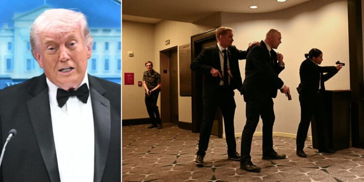 Secret Service agents draw their guns, right, after shots were heard during Saturday's White House Correspondents' dinner at the Washington Hilton in Washington, D.C. President Donald Trump, left, said Saturday's incident is a perfect illustration as to why a White House ballroom is needed.