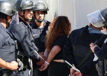 LAPD officers arrest an anti-ICE protester on April 11, 2026.
