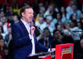 Sen. Chris Murphy speaks during the Global Progressive Mobilisation at Fira Barcelona on April 18, 2026, in Barcelona, Spain.