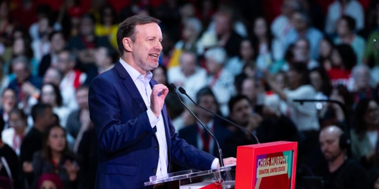 Sen. Chris Murphy speaks during the Global Progressive Mobilisation at Fira Barcelona on April 18, 2026, in Barcelona, Spain.