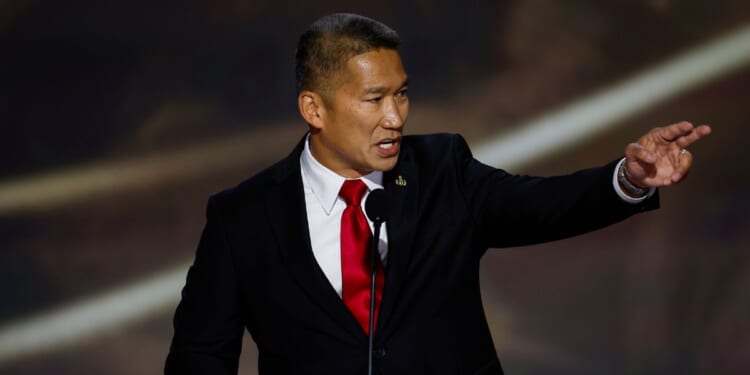 Hung Cao speaks on stage on the second day of the Republican National Convention at the Fiserv Forum on July 16, 2024, in Milwaukee, Wisconsin.