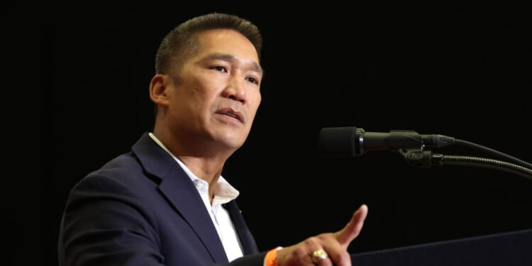 Then-Republican Senate candidate Hung Cao speaks at a campaign event for then-vice presidential nominee JD Vance in Radford, Virginia, on July 22, 2024.