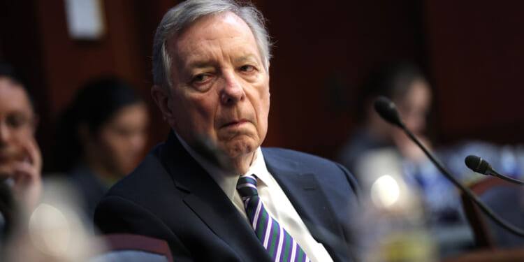 Sen. Dick Durbin looks to his right during a Senate hearing.