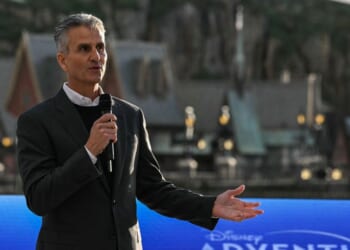 Disney CEO Josh D'Amaro speaks during the inauguration of the expanded "Disney Adventure World" at Marne-la-Vallee, east of Paris, on March 28, 2026.
