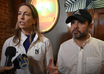Mikie Sherrill (L) and Arizona Senator Ruben Gallego (R) speak to members of the press.