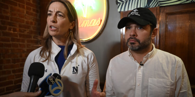 Mikie Sherrill (L) and Arizona Senator Ruben Gallego (R) speak to members of the press.