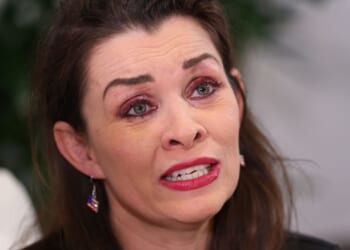 Epstein survivor Alicia Arden sits in press conference with her attorney, Gloria Allred, on August 6, 2025.