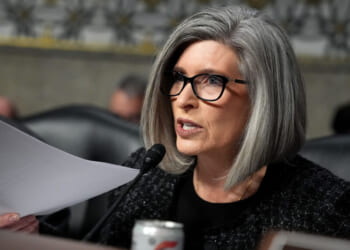 WASHINGTON, DC - JANUARY 14: U.S. Sen. Joni Ernst (R-IA) questions U.S. President-elect Donald Trump's nominee for Secretary of Defense Pete Hegseth during his Senate Armed Services confirmation hearing on Capitol Hill on January 14, 2025 in Washington, DC. Hegseth, an Army veteran and the former host of “FOX & Friends Weekend” on FOX News will be the first of the incoming Trump administration’s nominees to face questions from Senators. (Photo by Andrew Harnik/Getty Images)