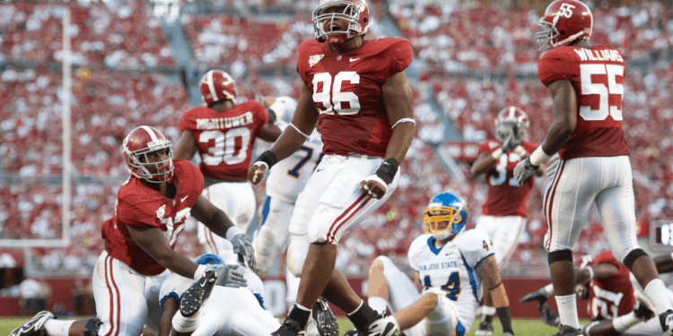 College Football: Alabama Luther Davis (96) victorious during game vs San Jose State. Tuscaloosa, Alabama on Sept. 4, 2010 (Bob Rosato /Sports Illustrated via Getty Images)