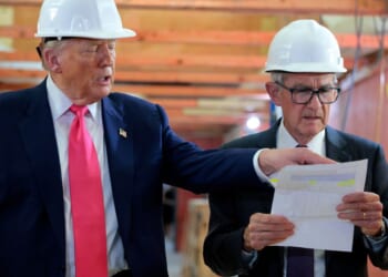 President Donald Trump and Federal Reserve Chair Jerome Powell tour the Federal Reserve’s $2.5 billion headquarters renovation project on July 24, 2025, in Washington, D.C.