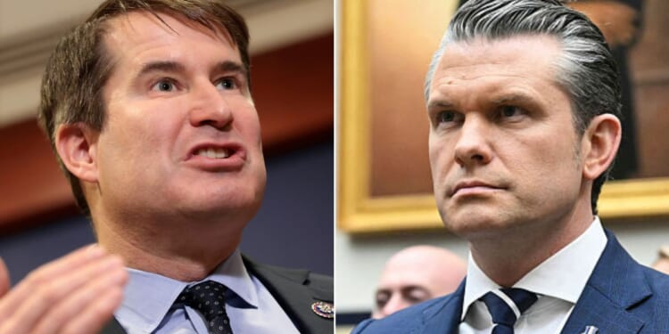 Rep. Seth Moulton, left, a Massachusetts Democrat, leveled the accusations at War Secretary Pete Hegseth during a CNN interview.