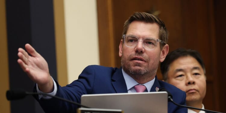 Rep. Eric Swalwell speaks during a House Judiciary Committee hearing with Federal Bureau of Investigation Director Kash Patel in the Rayburn House Office Building on Sept. 17, 2025, in Washington, D.C.