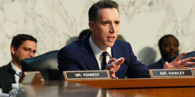 Sen. Josh Hawley speaks during a hearing on "Arctic Frost Accountability: Oversight of Telecommunications Carriers' Responses to Jack Smith's Witch Hunt" in the Hart Senate Office Building on Feb. 10, 2026, in Washington, D.C.