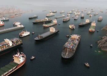 Cargo vessels sit in congested traffic in the Strait of Hormuz on March 25, 2026.