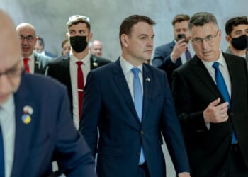 Czech Foreign Minister Petr Macinka and Israeli Foreign Minister Gideon Sa'ar visit the Yad Vashem Holocaust Museum on April 14, 2026, in Jerusalem, Israel.