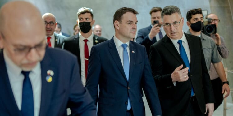 Czech Foreign Minister Petr Macinka and Israeli Foreign Minister Gideon Sa'ar visit the Yad Vashem Holocaust Museum on April 14, 2026, in Jerusalem, Israel.