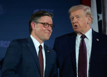 President Donald Trump and House Speaker Mike Johnson attend the National Republican Congressional Committee's annual fundraising dinner at Union Station on March 25, 2026, in Washington, D.C.
