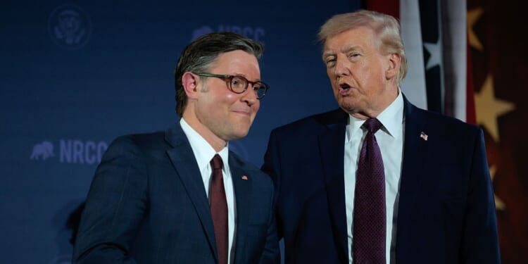 President Donald Trump and House Speaker Mike Johnson attend the National Republican Congressional Committee's annual fundraising dinner at Union Station on March 25, 2026, in Washington, D.C.