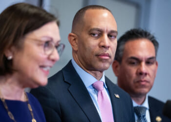 Hakeem Jeffries, D-N.Y., center, Reps. Suzan DelBene, D-Wash., and Pete Aguilar, D-Calif.