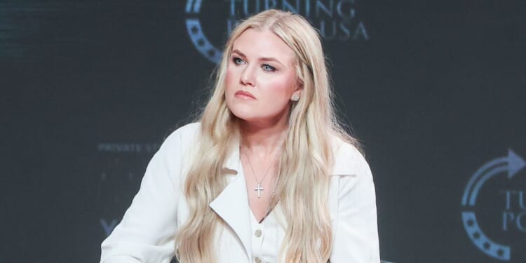 Turning Point USA CEO Erika Kirk speaks during a Turning Point USA stop April 2 at George Washington University in Washington, D.C.