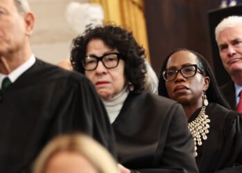 Supreme Court Chief Justice John Roberts, Supreme Court Associate Justice Sonia Sotomayor, and Associate Supreme Court Justice Ketanji Brown Jackson listen as President Donald Trump speaks during inauguration ceremonies in the Rotunda of the U.S. Capitol on Jan. 20, 2025, in Washington, D.C.