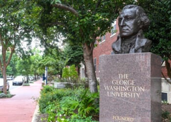 George Washington University statue stands upon pedestal on August 8, 2020.