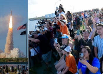 People observe the launch of Artemis II from the A. Max Brewer Bridge in Titusville, Florida, Wednesday in Cape Canaveral, Florida.