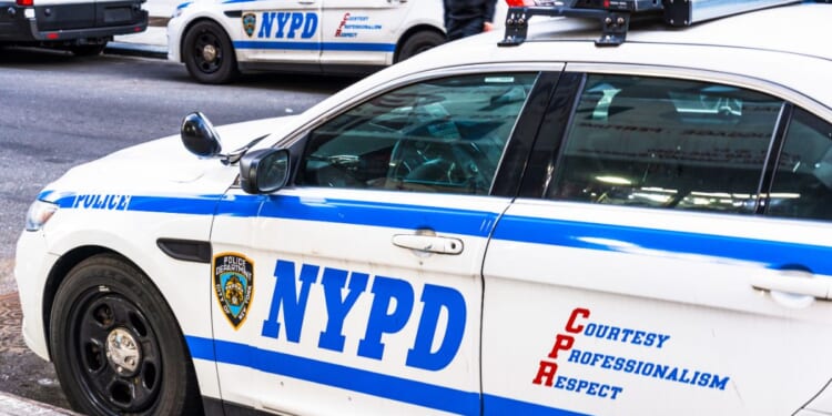 NYPD police cars and a police van on both sides of the street in Manhattan, New York City.