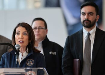 New York Governor Kathy Hochul speaks at a news conference alongside New York City Mayor Zohran Mamdani at LaGuardia Airport in New York City on March 23, 2026.