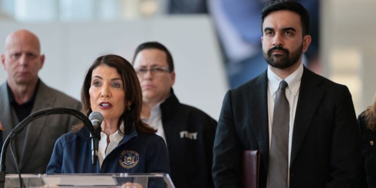 New York Governor Kathy Hochul speaks at a news conference alongside New York City Mayor Zohran Mamdani at LaGuardia Airport in New York City on March 23, 2026.