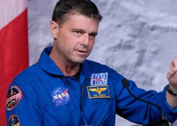 Artemis II commander and Navy Capt. Reid Wiseman talks to reporters Thursday at the Johnson Space Center in Houston.