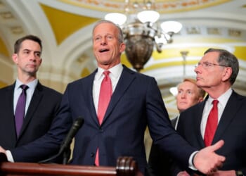 Senate Majority Leader John Thune speaks with the press following weekly policy luncheons at the U.S. Capitol on April 21, 2026, in Washington, D.C.