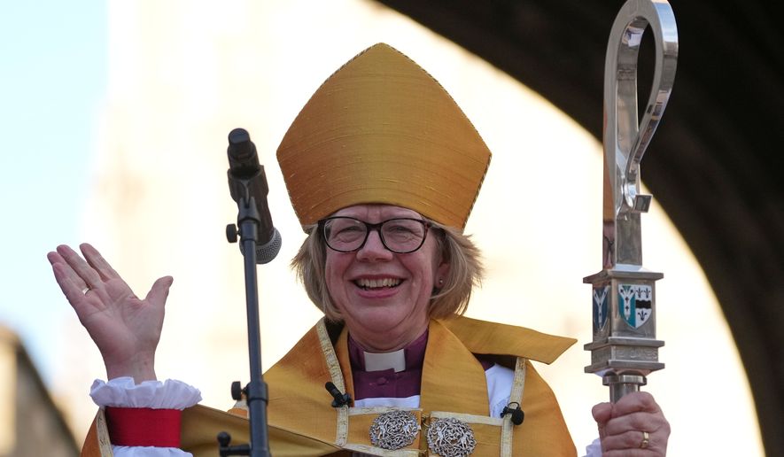 Sarah Mullally speaks to the public after the Enthronement Ceremony installing her as archbishop of Canterbury in Canterbury, England, Wednesday, March 25, 2026, the first woman ever to lead the Church of England. (AP Photo/Alastair Grant, File)