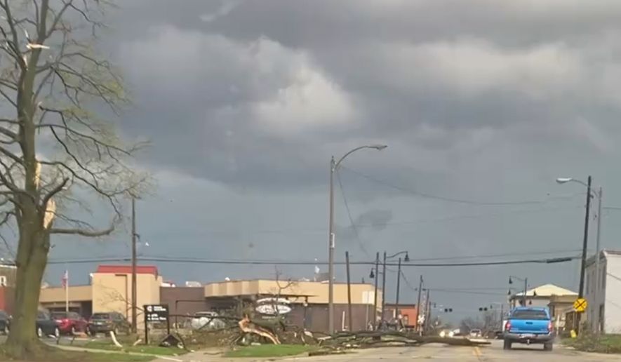 Damage from a major storm in Lena, Illinois, is shown on Friday, April 17, 2026 in Lena, Ill. (Rachel Nemon via AP)