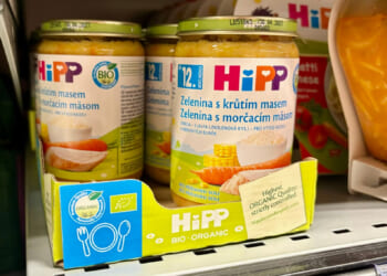 HIPP baby food sitting on a shelf in Ceske Budejovice, Czech Republic on April 19, 2026.