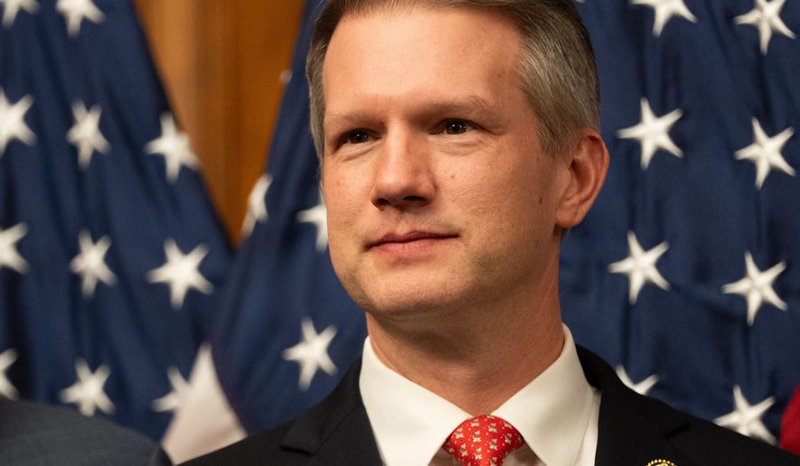 Rep. Riley Moore, R-W.Va., attends a news conference at the U.S. Capitol, Thursday, Jan. 22, 2026, in Washington. (AP Photo/Allison Robbert)