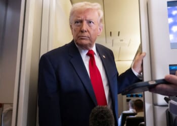 President Donald Trump speaks with the media aboard Air Force One during a flight from Dover, Delaware, to Miami, Florida, on March 7, 2026.