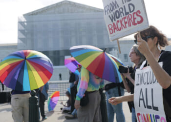 WASHINGTON, DC - APRIL 22: Protesters in support of LGBTQ+ rights and against book bans demonstrate outside of the U.S. Supreme Court Building on April 22, 2025 in Washington, DC. U.S. Supreme Court Justices heard arguments for the case of Mahmoud v. Taylor where a coalition of parents from Montgomery County, Maryland, say that a school requiring their children to participate in classes that include LGBTQ themes violates their religious beliefs and thus their First Amendment right to freely exercise their religion. (Photo by Anna Moneymaker/Getty Images)