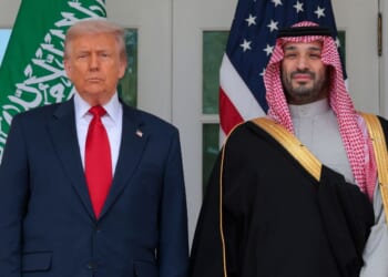 President Donald Trump and Crown Prince and Prime Minister Mohammed bin Salman of Saudi Arabia pause for photographs along the West Wing Colonnade at the White House on Nov. 18, 2025, in Washington, D.C.