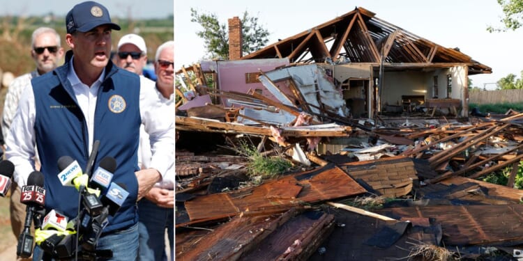Oklahoma Gov. Kevin Stitt speaks to media while touring tornado damage Friday in a neighborhood that was damaged by a tornado Thursday in Enid, Oklahoma.