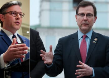 House Speaker Mike Johnson, left, said GOP Rep.Thomas Kean Jr., pictured at right in during a 2024 trip to Kyiv, Ukraine, has been absent because he's dealing with a health issue.