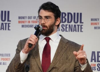 Leftist influencer Hasan Piker is pictured speaking April 7 at a campaign rally for Abdul El-Sayed, a progressive Democrat seeking the party's nomination for a Michigan seat in the U.S. Senate.